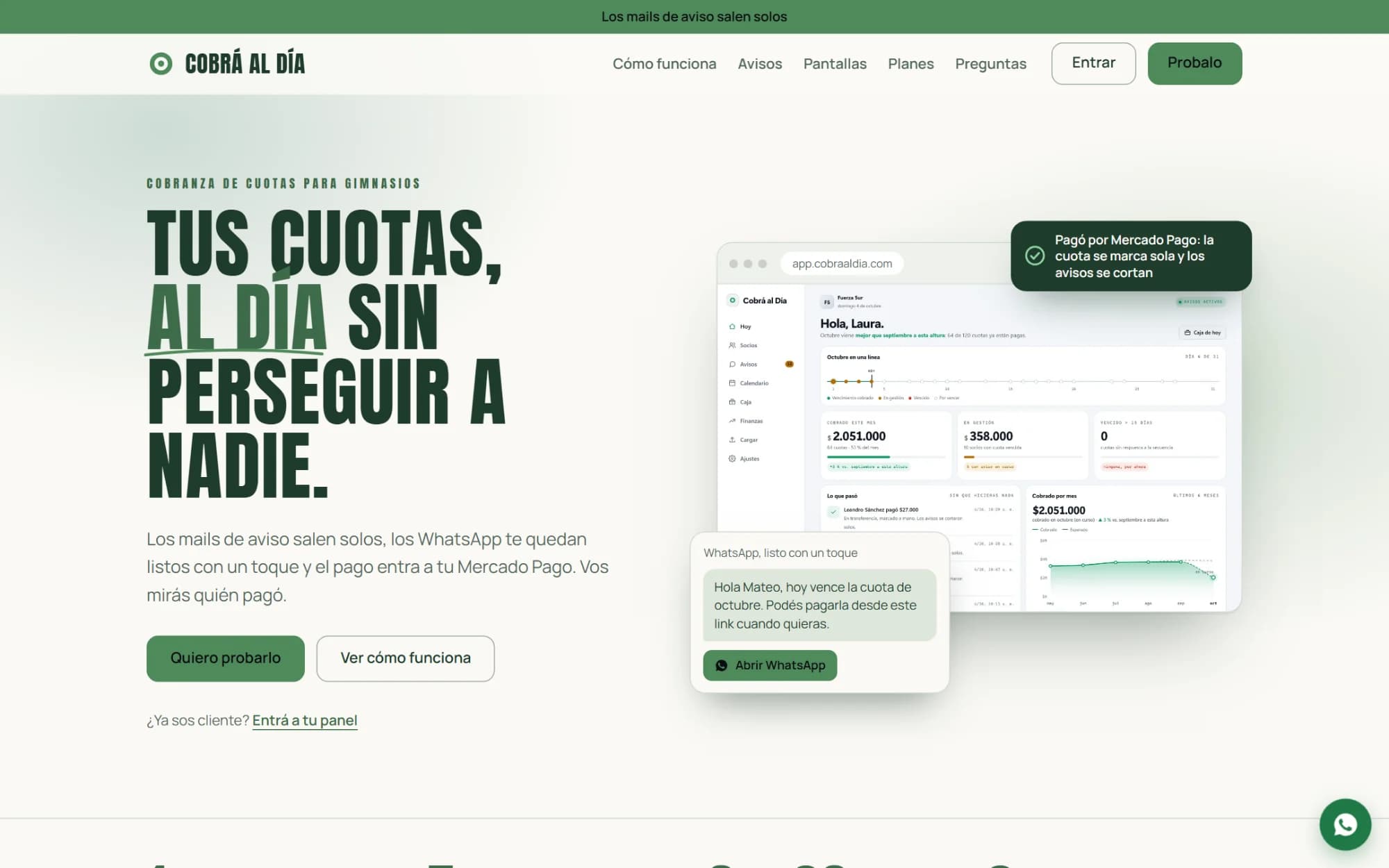 Cobrá al Día — Las cuotas del gimnasio al día, sin perseguir a nadie